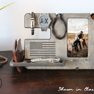 Personalized gifts for Armed Forces ,Air Force, Military,Army, Navy, Coast Guard Patriotic, US Flag, Phone Docking Station,Wooden Valet