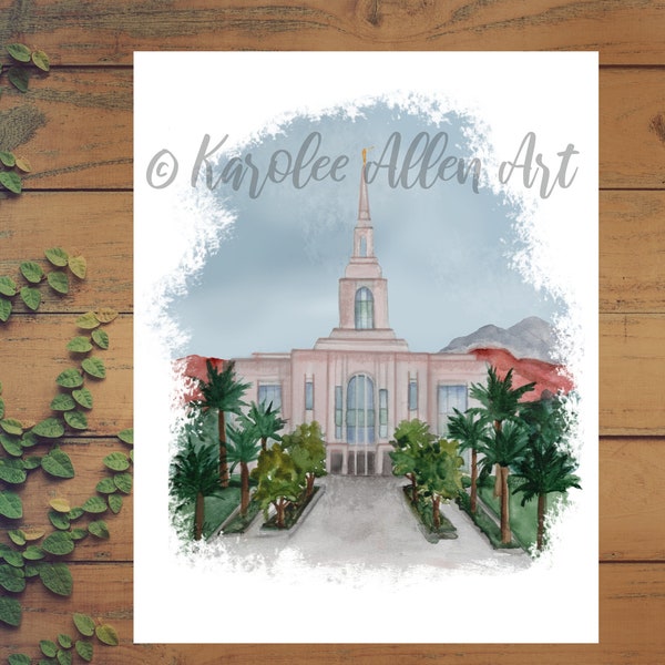 Red Cliffs Utah Temple watercolor, Digital Download