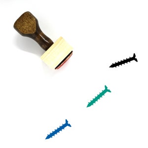 May include: A wooden stamp with a brown handle and a rectangular wooden block. The stamp is designed to create an image of a screw. Three screws are shown in the image, one black, one green, and one blue.