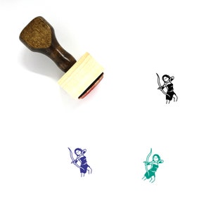 May include: Wooden stamp with a handle and a rectangular base. The stamp features a black and white illustration of a person holding a bow and arrow.