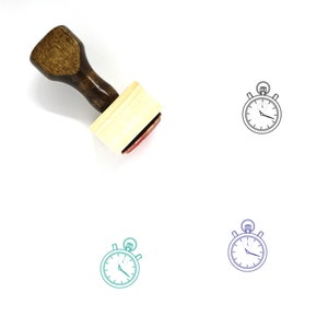 May include: Wooden stamp with a brown handle and a rectangular stamp head. The stamp head has a red ink pad. Three stopwatch illustrations are also present, one black, one teal, and one blue.