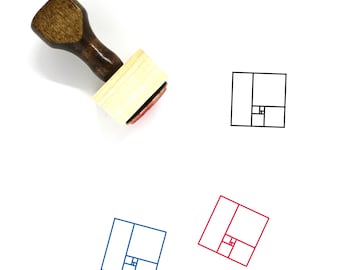 May include: A wooden stamp with a handle and a square rubber surface. The stamp features a black line drawing of a golden ratio spiral, a mathematical concept.