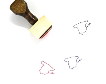 Może przedstawiać: Drewniany stempel z uchwytem i prostokątną podstawą. Stempel został zaprojektowany do tworzenia odcisku zarysu Hiszpanii, w tym Balearów i Wysp Kanaryjskich.