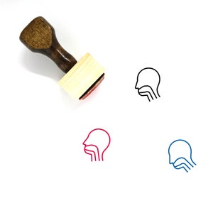 May include: A wooden handled stamp with a light-colored rectangular base. The stamp's red ink imprint shows a side profile of a head and throat. Three additional line art illustrations of the same image are in black, red, and blue.