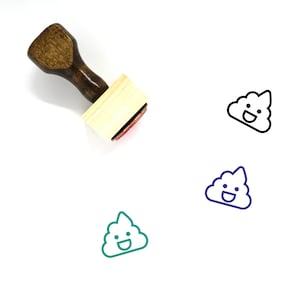 May include: A wooden rubber stamp with a handle and a rectangular base. The stamp features a green outline of a smiling pile of poop.