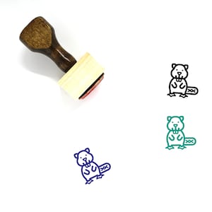 Puede incluir: Un sello de goma de madera con un diseño de castor. El sello es marrón con un mango de madera clara. El castor está delineado en negro, verde y azul.