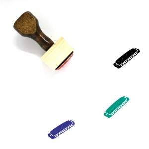 May include: A wooden stamp with a brown handle and a rectangular stamp head. The stamp head has a red surface. Three harmonica illustrations in black, teal, and blue are also shown.