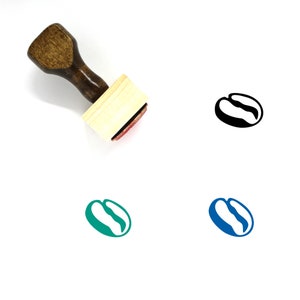 May include: A wooden stamp with a brown handle and a rectangular wooden base. The stamp features a black coffee bean design. There are also three other coffee bean designs in green, blue, and black.