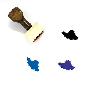 May include: A wooden stamp with a red ink pad, showing the outline of Iran in black, blue, and dark blue.