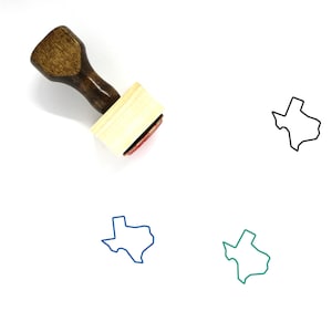 May include: A wooden stamp with a brown handle and a rectangular base. The base has a red ink pad and a design of the outline of the state of Texas. There are three additional images of the Texas outline in black, blue, and green.