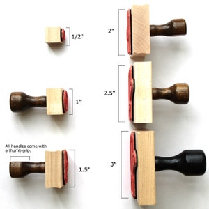 May include: Four wooden stamps with red rubber inserts, each with a different size: 1/2 inch, 1 inch, 1.5 inches, and 3 inches. All handles come with a thumb grip.