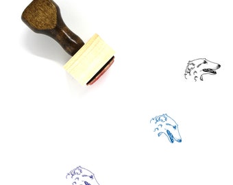 May include: A wooden rubber stamp with a brown handle and a rectangular base. The stamp features a black and white line drawing of a Borzoi dog's head.