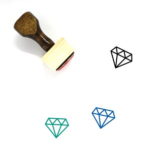 May include: A wooden rubber stamp with a diamond design. The stamp is brown with a red ink pad. The diamond design is shown in black, blue, and green.