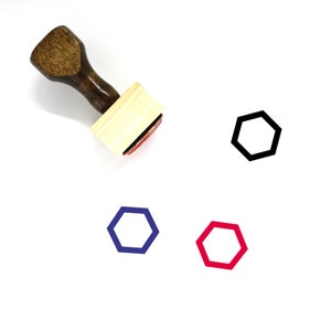 May include: A wooden stamp with a red ink pad, used to create a hexagon shape. Three hexagons are shown, one black, one blue, and one red.