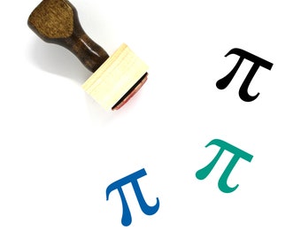 May include: A wooden rubber stamp with a handle and a red ink pad. The stamp is used to create impressions of the mathematical symbol pi in black, blue, and green.
