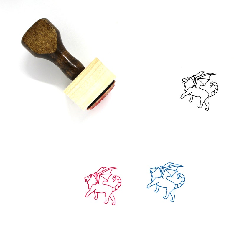 May include: Wooden rubber stamp with a brown handle and a rectangular base. The stamp features a black line drawing of a winged lion.
