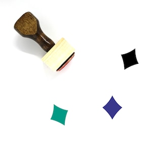 May include: A wooden stamp with a handle and a square red rubber stamp pad. The stamp is used to create a diamond shape in black, blue, and green.