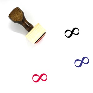 May include: A wooden rubber stamp with a brown handle and a rectangular wooden block. The stamp features a red infinity symbol.