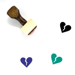 May include: A wooden stamp with a brown handle and a rectangular base. The stamp's imprint is a broken heart. Three additional broken heart graphics in black, blue, and teal are also present.