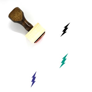May include: Wooden stamp with a brown handle and a rectangular light wood base. The stamp's imprint is a lightning bolt. Three lightning bolt graphics in black, teal, and blue are also shown on a white background.