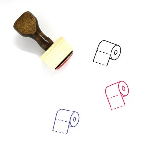 May include: A wooden rubber stamp with a brown handle and a rectangular base. The stamp features a black line drawing of a roll of toilet paper.
