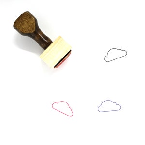 May include: A wooden stamp with a brown handle and a rectangular base. The stamp has a red ink pad and a cloud design. The cloud design is also shown in black, red, and blue.