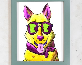 Funky Minnesota Dog art print| colorful illustration of dog with bandana and sunglasses| gift for Minnesotan| art for kids room and nursery