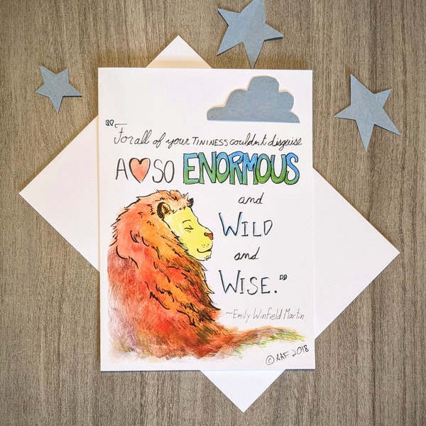 Cute lion greeting card with children's book quote by Emily Winfield Martin| Card for baby shower, first birthday, new baby gift