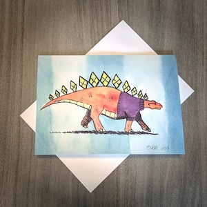 Whimsical nerdy dinosaur greeting card (5x7, blank)| stegosaurus wearing  sweater| funny any occasion card| kid birthday card