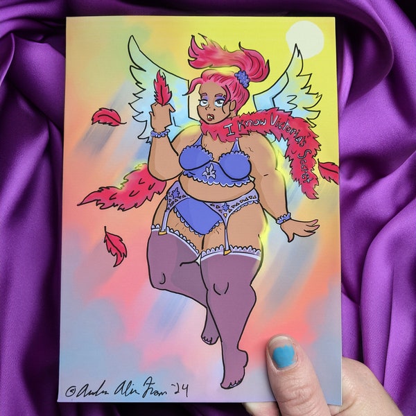 I Know Victoria's Secret valentine card with burlesque angel (5x7, blank)| flirty valentine and anniversary card| feminist, body positive