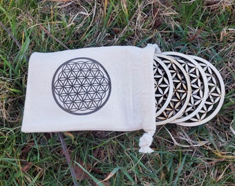 Flower of Life in wood, set of 4 flower of life coasters with cotton bag, energizer, crystal recharge