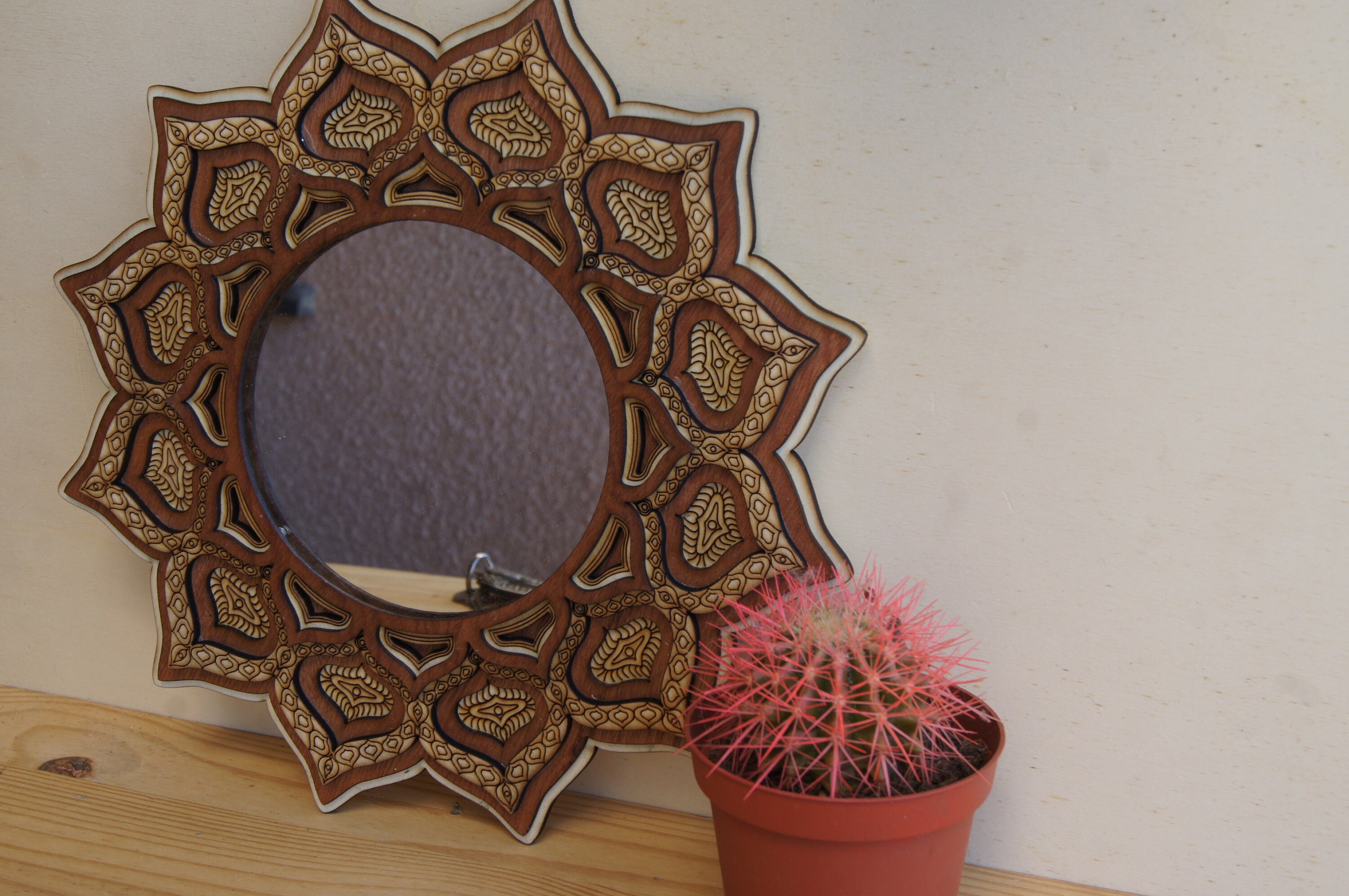 Miroir Mural, Miroir Rond en Bois, Décoration Murale Bois Originale et Psychedelique, Decoration Fle