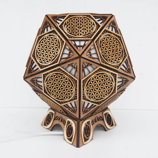 Lampe de chevet en bois fleur de vie, design basé sur la geométrie sacrée, icosehadron