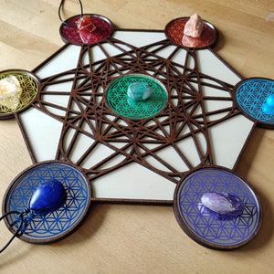 Peut inclure: Un mandala géométrique en bois avec sept compartiments circulaires, chacun contenant un cristal de couleur différente. Le mandala est conçu pour être utilisé pour la guérison par les cristaux et la méditation.