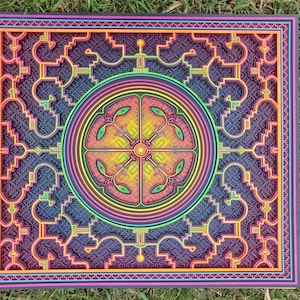 Art visionnaire inspiré de l&#39;Art Shipibo – Tableau Psychédélique Unique - Décoration fluorescente (ou non) pour festivals et intérieurs