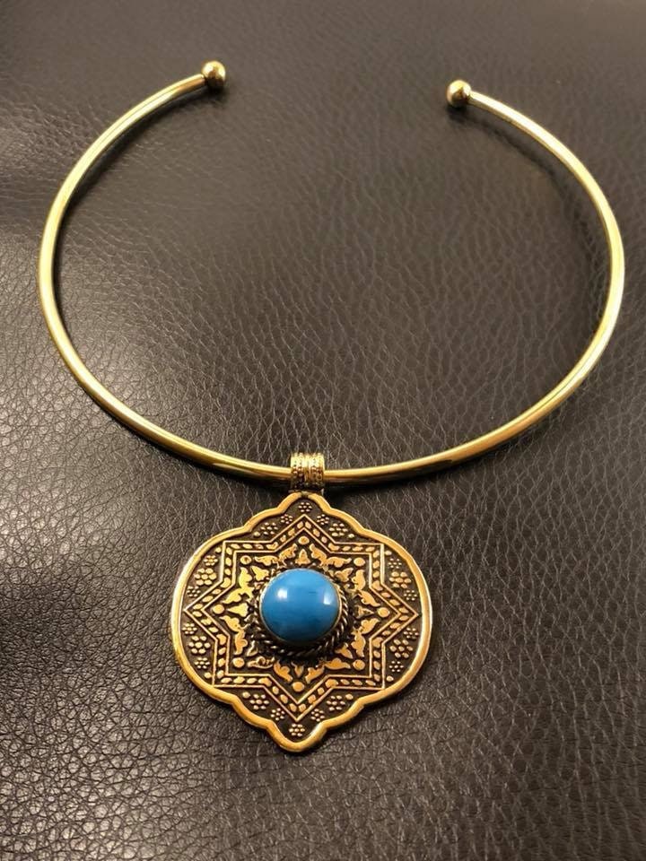 Brass Collar Necklace With Etched Blue Stone Pendant Etsy Israel