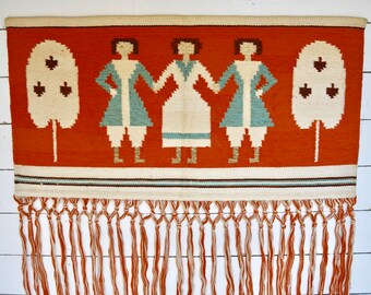Mid Century Woven Folk Art Earth Tones of Brown Heavy Unique Vintage Textile Wall Hanging Cream Black /& Mustard Great