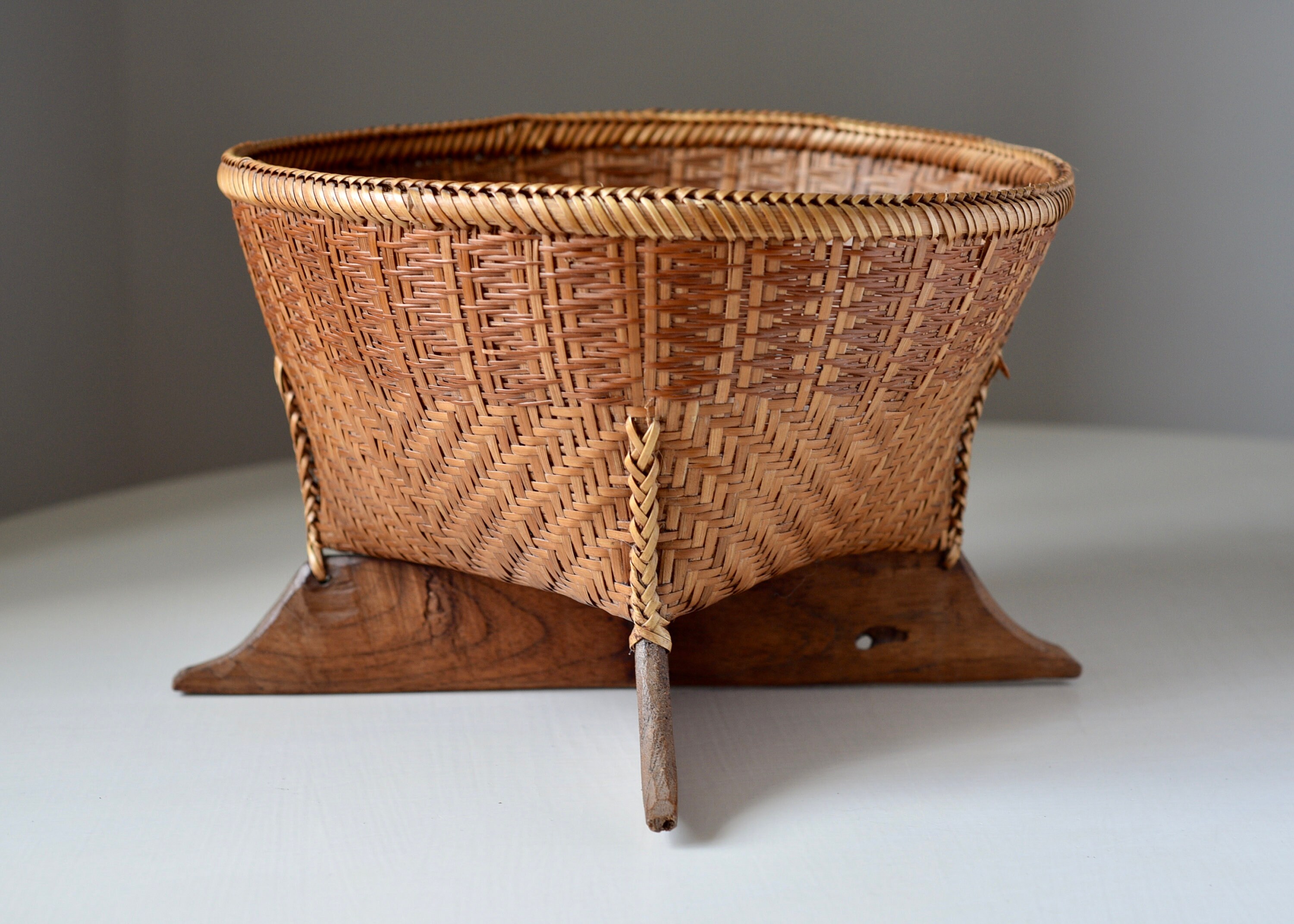 Vintage JAPANESE basket with a carved wooden base Etsy