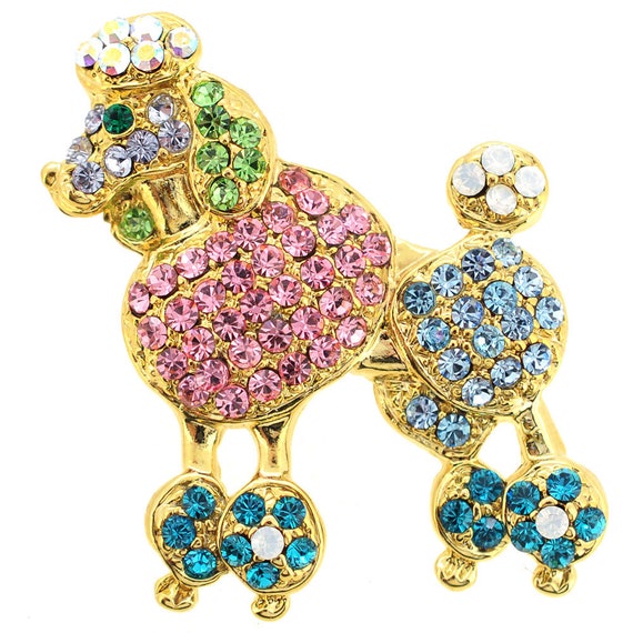 CRYSTAL BLACK GOLD POODLE DOG BROOCH PIN MADE WITH SWAROVSKI ELEMENTS