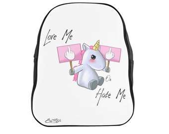 White and Black Leather Backpack Angry Unicorn