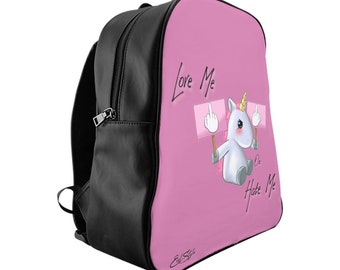 Mochila Angry Unicorn de cuero rosa y negro