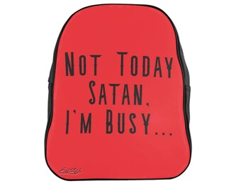 Mochila de cuero rojo y negro- No hoy Satanás, estoy ocupado ...