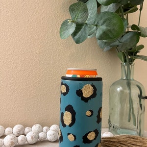 Teal Leopard Print Cooler Skinny Can koozie