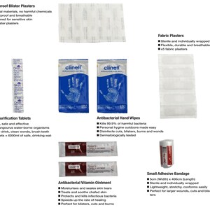 May include: A first aid kit with a variety of items, including waterproof blister plasters, fabric plasters, water purification tablets, antibacterial hand wipes, antibacterial vitamin ointment, and a small adhesive bandage. The kit is ideal for outdoor activities and emergencies.