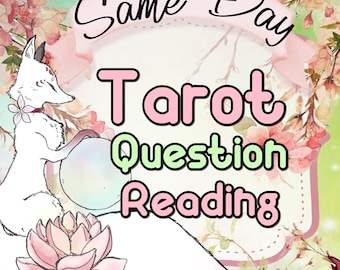 Può includere: Una volpe bianca con un fiore rosa al collare è seduta su un fiore di loto rosa e verde. La volpe tiene un globo bianco. Lo sfondo è un disegno floreale rosa e verde con il testo "Same Day Tarot Question Reading" in rosa e verde.