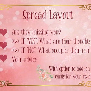 Puede incluir: Una tarjeta ilustrada rosa y dorada con el texto "Spread Layout" e instrucciones para una lectura de cartas del tarot. Las instrucciones incluyen preguntas como "&iquest;Te est&aacute;n echando de menos?" y "&iquest;Cu&aacute;les son sus pensamientos?"