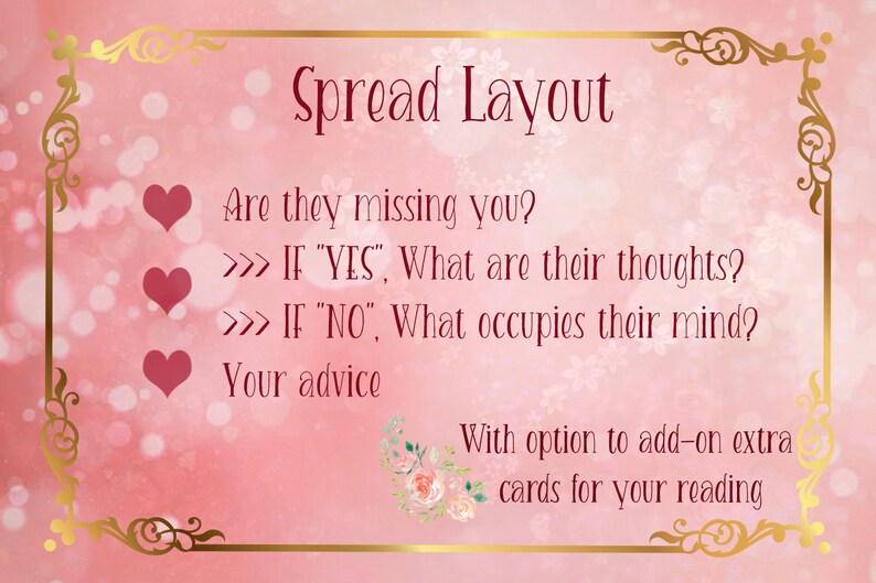 Puede incluir: Una tarjeta ilustrada rosa y dorada con el texto "Spread Layout" e instrucciones para una lectura de cartas del tarot. Las instrucciones incluyen preguntas como "&iquest;Te est&aacute;n echando de menos?" y "&iquest;Cu&aacute;les son sus pensamientos?"