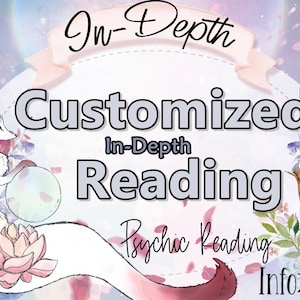 May include: A digital illustration of a white fox with a pink lotus flower on its tail, holding a blue orb. The fox is surrounded by pink and purple flowers. The text "In-Depth Customized In-Depth Reading Psychic Reading Info>>>" is written in a white font on a light pink background.