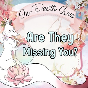 Puede incluir: Un zorro blanco con una flor rosa en el cuello est&aacute; sentado sobre una flor de loto rosa y azul. El zorro sostiene un orbe azul y blanco. El fondo es un patr&oacute;n floral rosa y blanco con el texto "In-Depth Love Are They Missing You?" en una fuente azul y blanca.