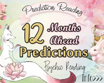 Puede incluir: Una ilustración caprichosa con un zorro blanco con una flor rosa, una flor de loto rosa y un conejo blanco con un lazo rosa. El texto dice "Prediction Reading 12 Months Ahead Predictions Psychic Reading Info >>>".
